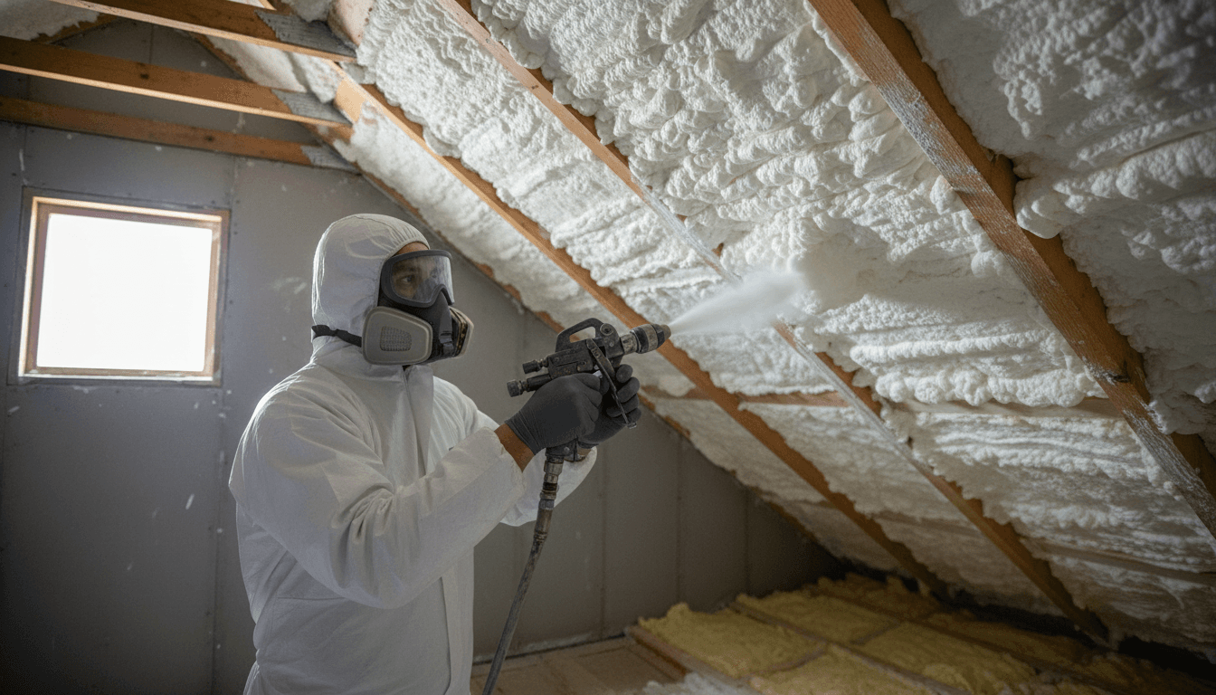 Spray foam insulation technician applying foam to residential attic