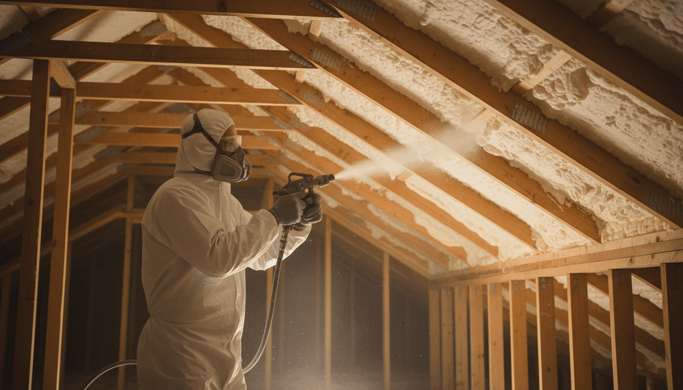 Spray foam insulation technician applying foam insulation in an attic space