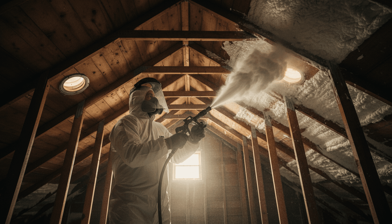 Technician spraying expanding foam insulation in an attic