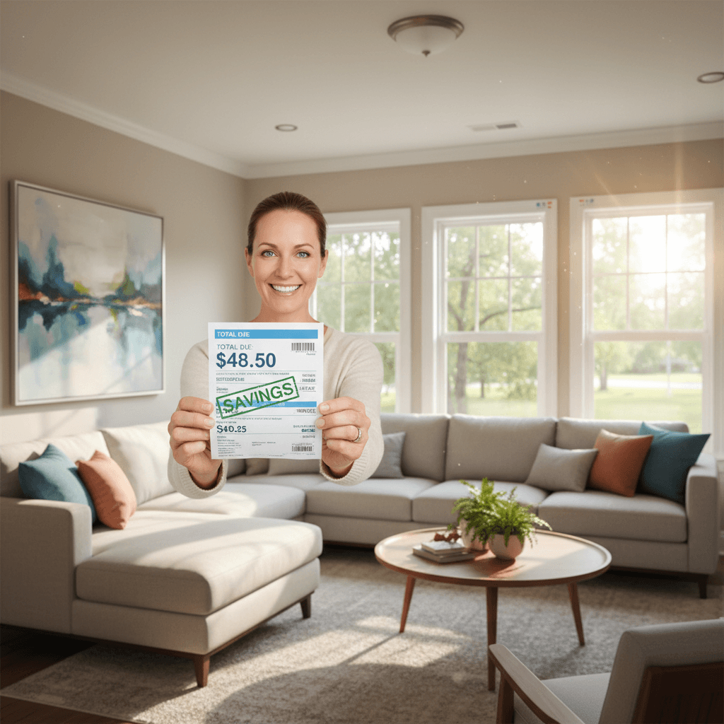 Homeowner excitedly looking at reduced energy bill in a sunlit living room