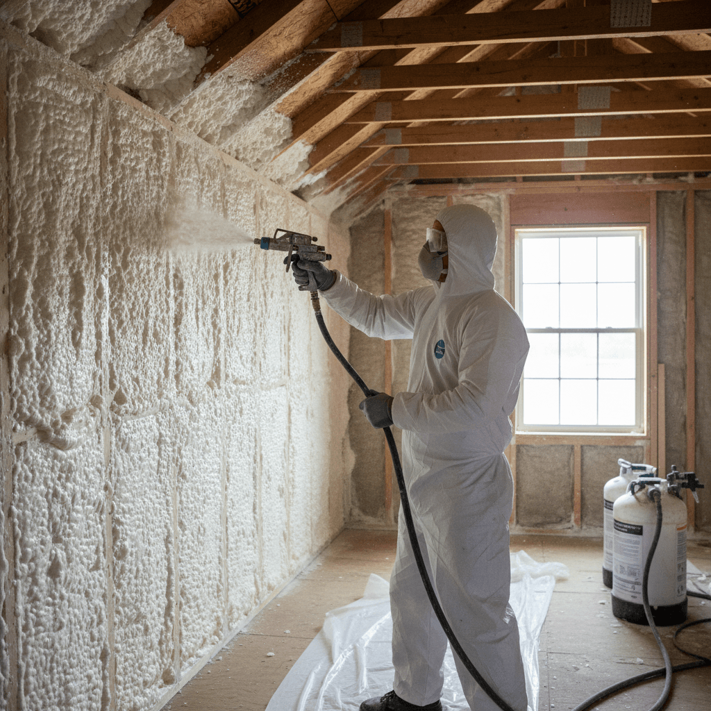 Technician applying spray foam insulation in a bright attic space, showcasing professional expertise.