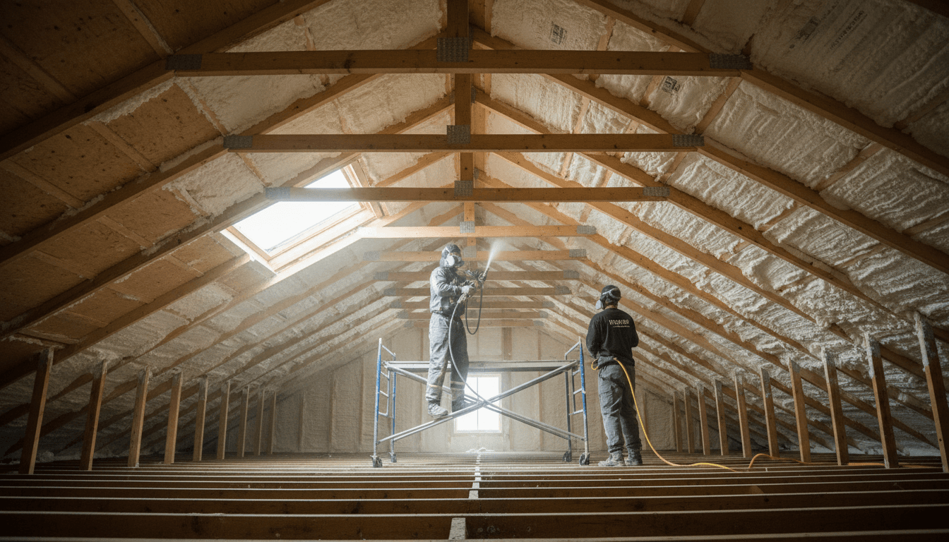 Wide view of residential attic being insulated with spray foam, showing multiple coverage stages and contractors at work