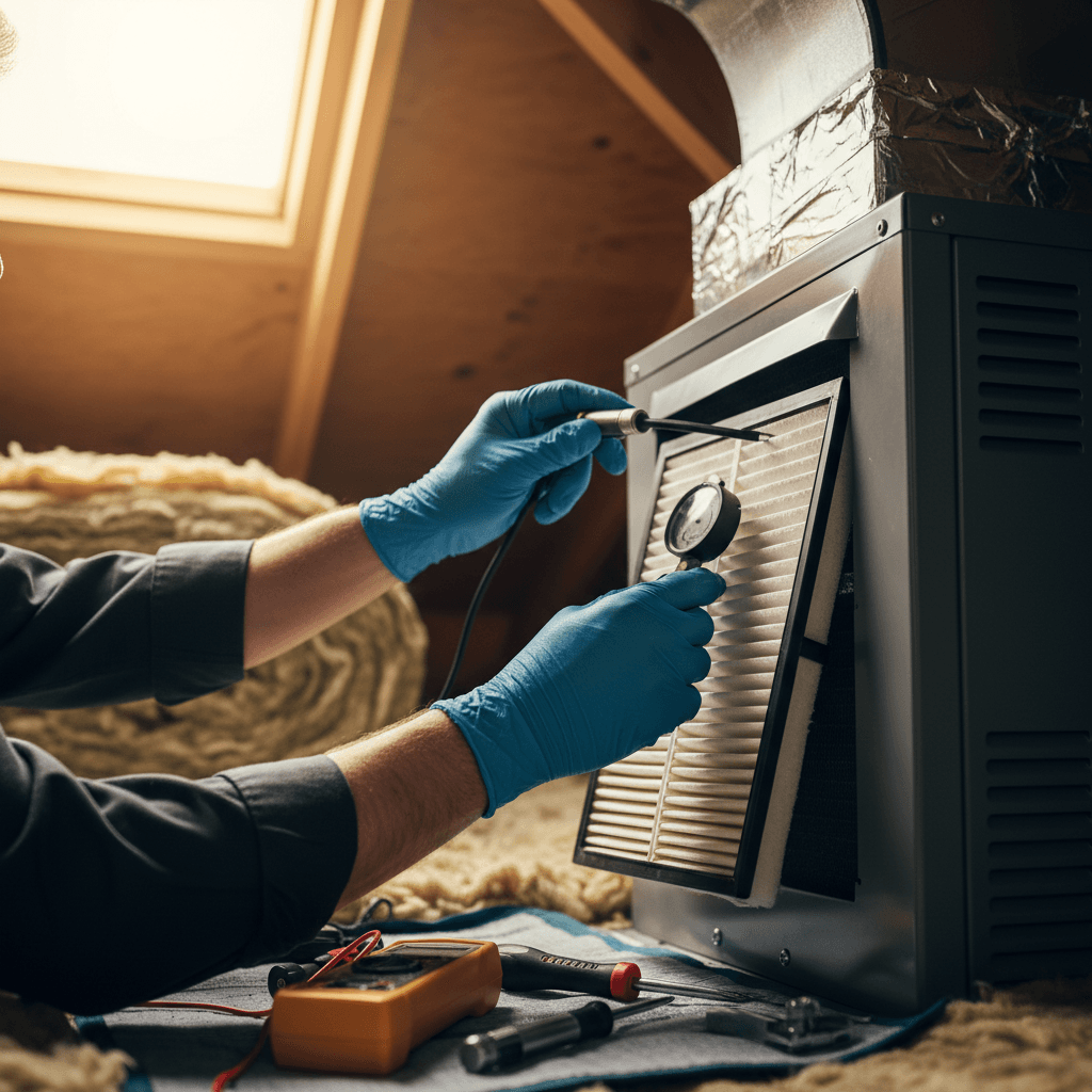 HVAC technician's gloved hands inspecting air handler unit and filters in attic with precision tools